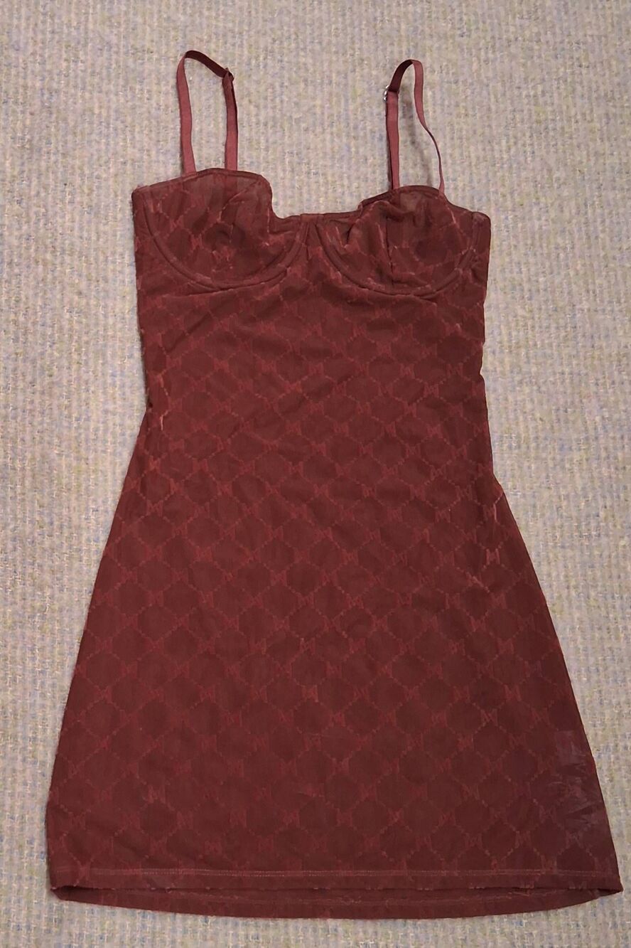 Cherie meshki monogram mini dress sheer cherry chocolate bodycon mini
